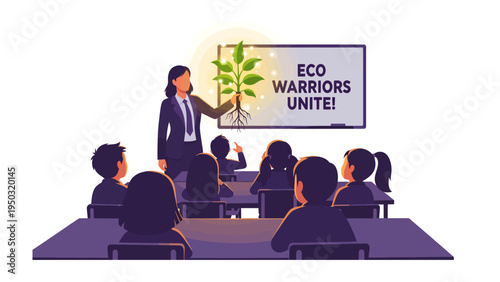 Eco Warriors' Gathering: A visionary teacher inspires a class of eager students with a message of environmental protection and a symbol of growth.