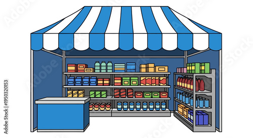 Small Grocery Store Stall with Shelves Stocked with Products
