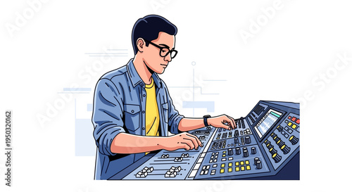 Sound Engineer Working on Audio Mixer Console in Studio