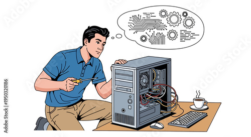Technician repairing computer, thinking about circuits and gears, desk with coffee and keyboard