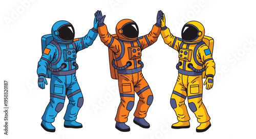 Three astronauts in colorful suits giving a high five in space, celebrating success.