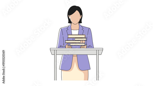 Poised Presence: A woman, standing behind a podium, holds a stack of books, exuding an aura of knowledge and preparation. She is ready to address her audience. 