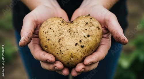A pair of hands holding a heart shaped potato fresh from the soil in a sustainable garden setting