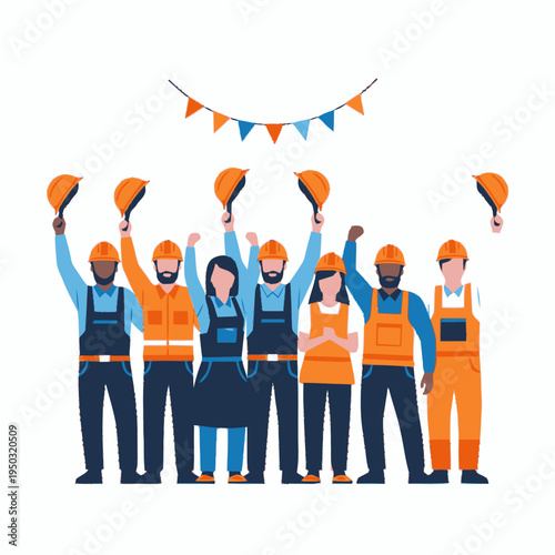 Diverse construction workers celebrating together outdoors.