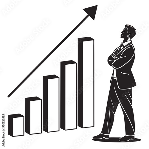 A man in a business suit looking at a rising bar graph