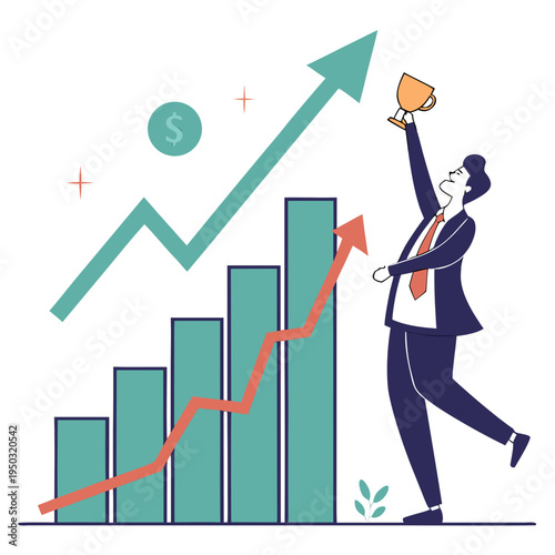 A man in a business suit holding up a trophy next to a growing graph