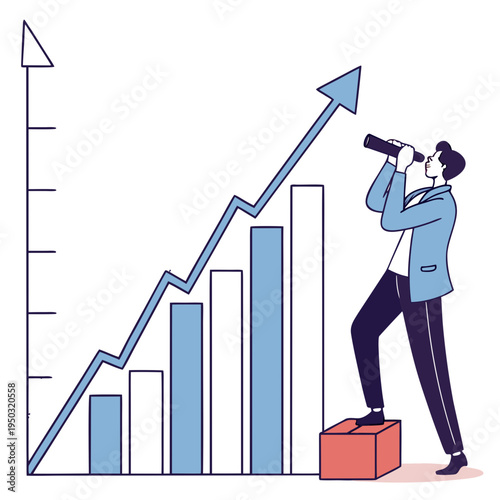 Businessman looking through binoculars at growth graph