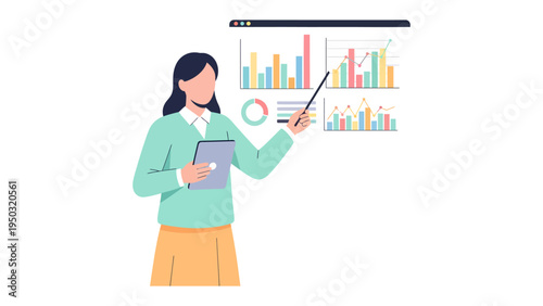 Data Presentation: A professional woman presents insightful data analysis using graphs and charts on a screen.