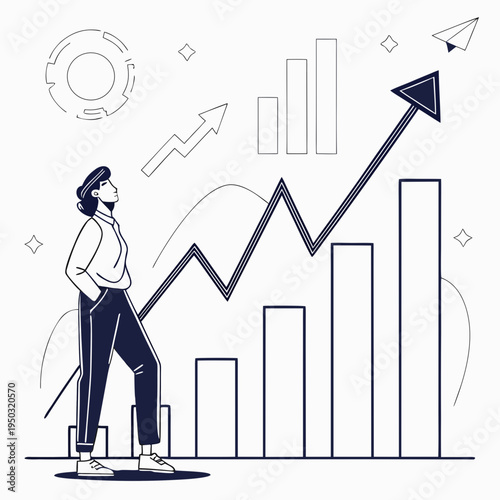 A woman looks up at a growing graph