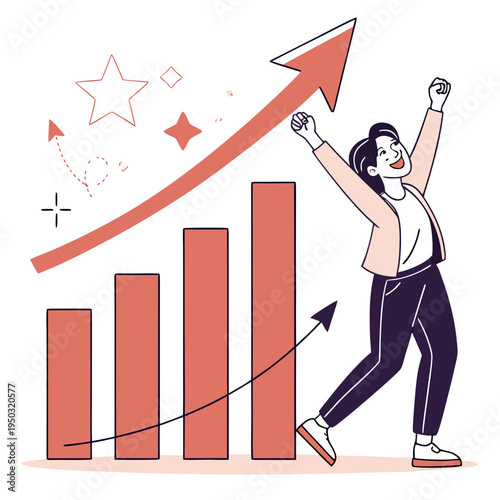 A woman celebrating a rising graph with an upward arrow