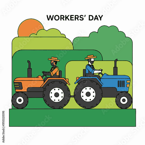 Workers driving tractors on a farm.