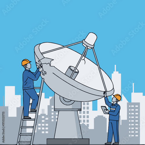 Two workers installing a satellite dish.