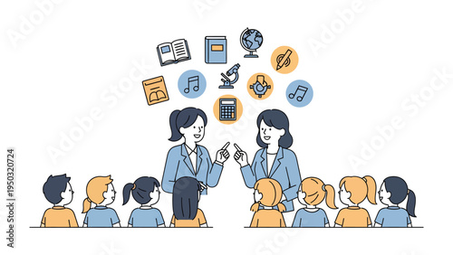 Education Circle: A classroom scene depicts teachers interacting with children, emphasizing the core of education, which creates a foundation for learning and knowledge transfer.