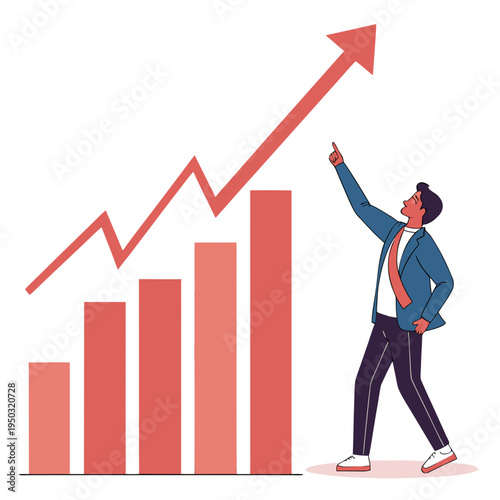 Man pointing to a growing graph with an upward trend