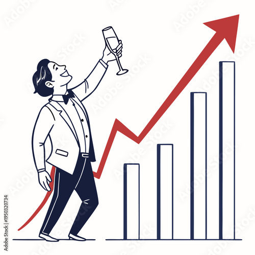 A man celebrating with a glass of champagne in front of a rising graph