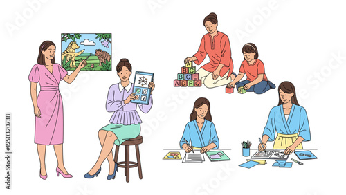 Education and Nurturing: Depicting a mother in various educational and nurturing roles, she imparts knowledge and guides through early childhood experiences. 