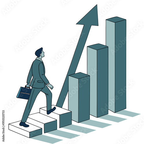 A man in a business suit climbing steps with a briefcase