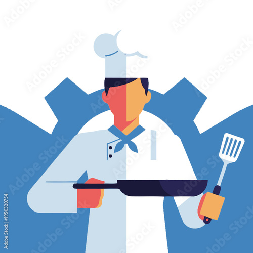 Chef holding a frying pan and spatula.