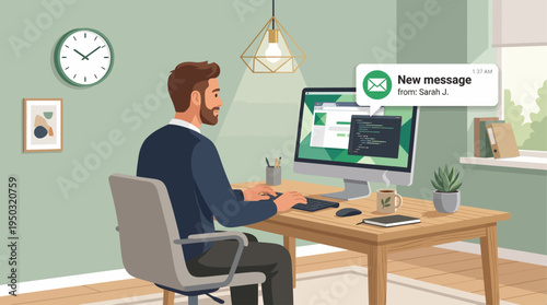 Email Notification at Work Illustration – Modern Office Communication and Productivity