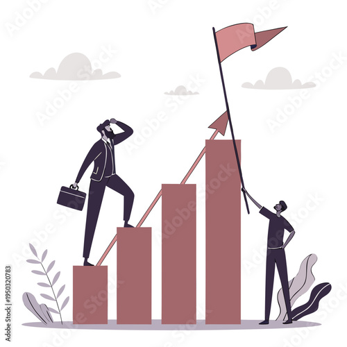 Two businessmen standing on and near a growing bar graph with a flag on top