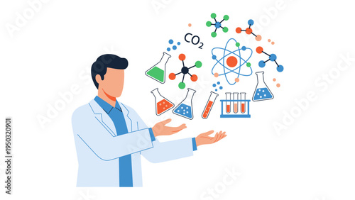 Scientific Innovation: An enthusiastic scientist in a lab coat is presented with an array of scientific concepts in a graphic image.
