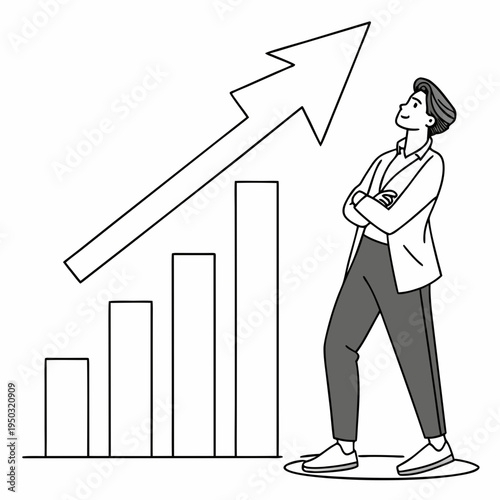 A man looking up at a rising arrow