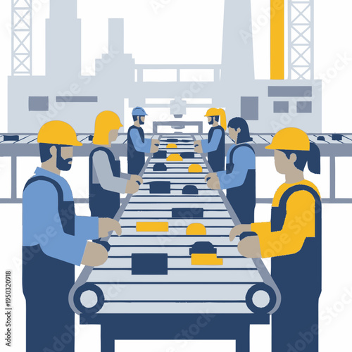 Workers on a factory assembly line.