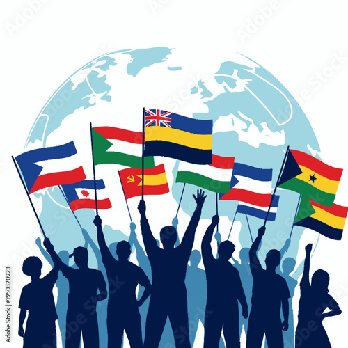 Diverse group of people waving flags.