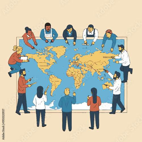 Diverse people working together on a world map.