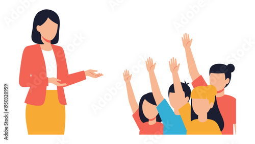 Classroom Interaction: An animated illustration of a teacher engaging with a group of students, fostering an atmosphere of learning and participation. 