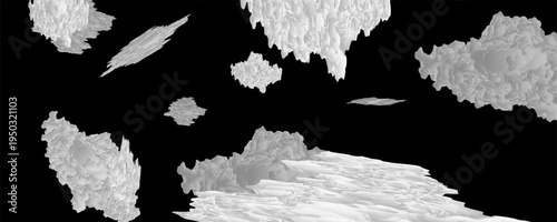 Set of realistic white clouds isolated on black background, soft smoke and fog shapes for design overlay, weather effect, atmospheric elements, mist texture, and natural sky composition.