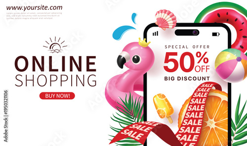 Summer Sale Online Shopping Banner with Smartphone Flamingo Float and Fruit Vector Illustration