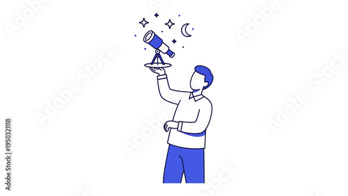 Stargazing Illustration: A line art illustration depicts an individual using a telescope to observe the night sky, complete with stars and a crescent moon, capturing the wonder of astronomy