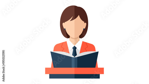 Book Reading at the Podium: An illustrative representation of a focused woman engaged in the act of reading a book on a podium, suggesting education and knowledge.