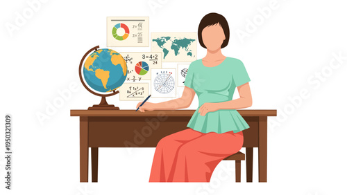 Educator at Desk: A dedicated teacher sits at her desk, surrounded by educational tools, ready to inspire and educate, embodying the essence of learning and mentorship.