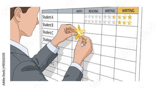 Achieving Excellence: A close-up illustration of a teacher assessing student progress, highlighting areas of achievement through the placement of a gold star on a chart.