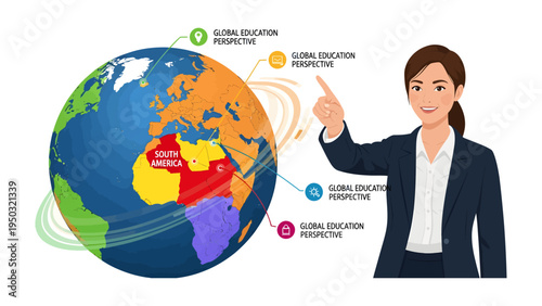 Global Education Perspective: A confident individual stands beside a vibrant globe, pointing towards the map while highlighting the importance of global education and cross-cultural understanding.