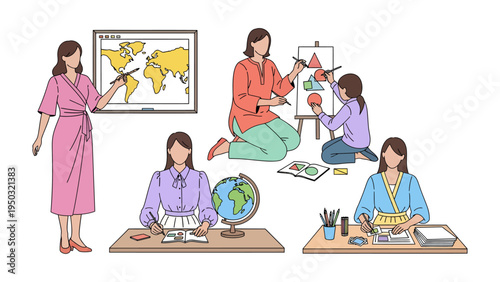 Teacher's Guiding Light: A compassionate educator passionately shares knowledge through various mediums, from global maps to creative arts, fostering a world of learning and imagination.