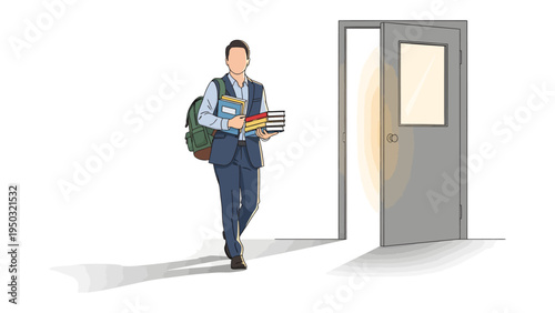 Student's Departure: A student confidently walks through an open door, carrying books and a backpack, symbolizing readiness for new opportunities and learning.