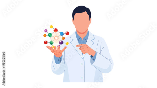 Scientist Presenting Atomic Structure: A scientist in a pristine lab coat demonstrates the intricate arrangement of an atom, showcasing the beauty and complexity of the universe at a glance.