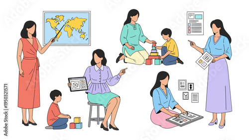 Nurturing Young Minds: A collection of educators engaging with children in a variety of learning activities, capturing the essence of early childhood education and the dedication of teachers.