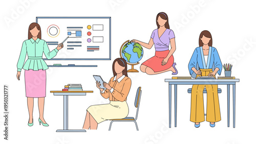 Educator in Classroom: A depiction of educators at work, engaging in various teaching activities, representing learning and knowledge dissemination.