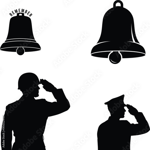Memorial day tribute with bells and military silhouettes