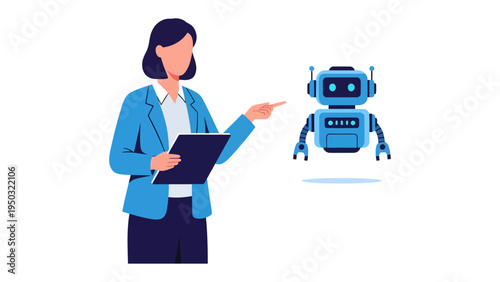 AI Collaboration: A visionary person, poised and professional, guides and interacts with a sleek, modern robotic entity, symbolizing the seamless integration of innovation and expertise.