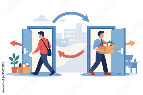 Flat vector illustration of staff turnover with one employee entering an office door and another leaving with a box of belongings, symbolizing recruitment, hiring, and career transition cycles.