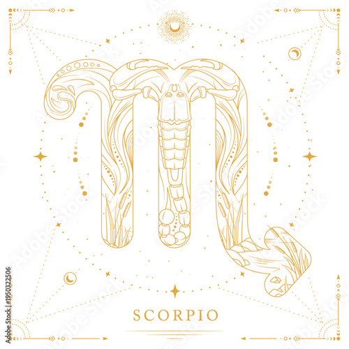 Modern magic witchcraft card with astrology Scorpio zodiac sign on space background. Line art vector illustration