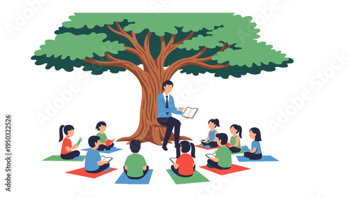 The Guiding Tree of Knowledge: A dedicated teacher shares wisdom, reading to a circle of attentive children under the sheltering boughs of a grand tree, fostering growth and learning.