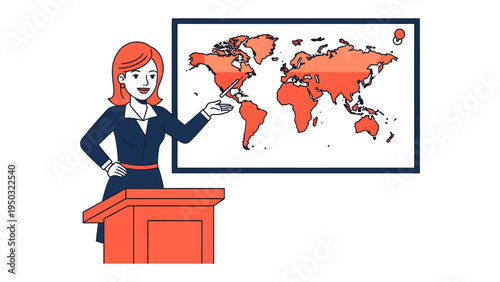 World Map Presentation: A woman, standing behind a podium, gestures towards a world map, delivering a presentation. The scene highlights global awareness.