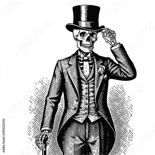 A skeleton in a top hat and suit adjusts his headwear with a cane in hand e39.eps