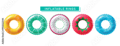 Inflatable Rings Set Vector Illustration With Fruit Patterns Dragon Fruit Lime Strawberry And Orange